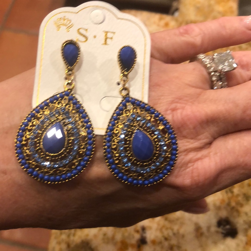 Large blue and gold statement earrings NEW